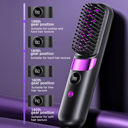 Cepillo Alisador de Pelo Inalámbrico Recargable por USB con Pantalla LCD – Mini Cepillo Alisador Portátil para Casa y Viajes