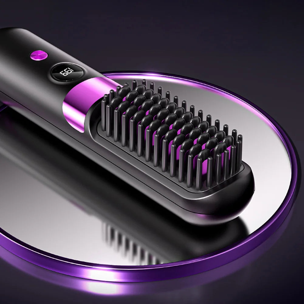 Cepillo Alisador de Pelo Inalámbrico Recargable por USB con Pantalla LCD – Mini Cepillo Alisador Portátil para Casa y Viajes