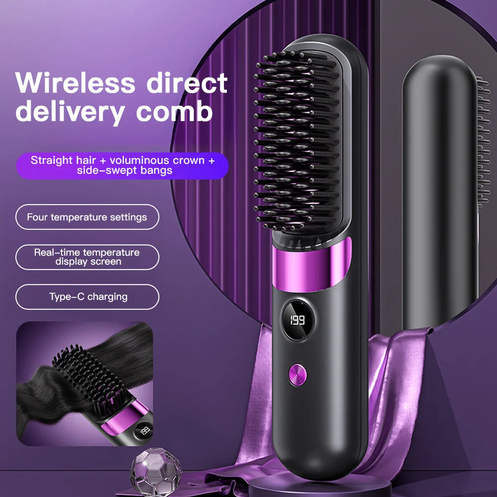 Cepillo Alisador de Pelo Inalámbrico Recargable por USB con Pantalla LCD – Mini Cepillo Alisador Portátil para Casa y Viajes