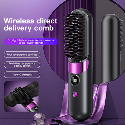 Cepillo Alisador de Pelo Inalámbrico Recargable por USB con Pantalla LCD – Mini Cepillo Alisador Portátil para Casa y Viajes